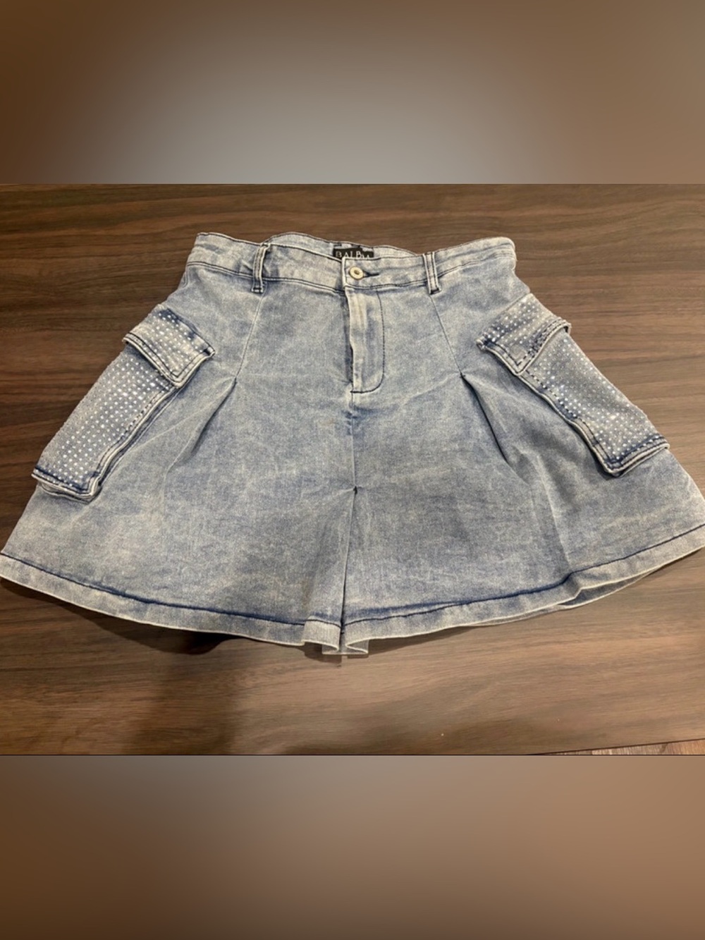 Light Wash Denim Cargo Skirt with rhinestones in skirt pockets - Light Blue